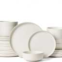 Famiware Milkyway Plates and Bowls Sets, 24 Pieces Dinnerware Sets, Reactive Glaze Dish Set, Stoneware Dishes Set for 8, Matte Beige White