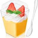 5 oz Plastic Dessert Cups with High Flat Lids and Spoons, 50 Pack Mini Clear Parfait Cups Square Party Serving Cup for Pudding, Appetizer, Fruit and Jello