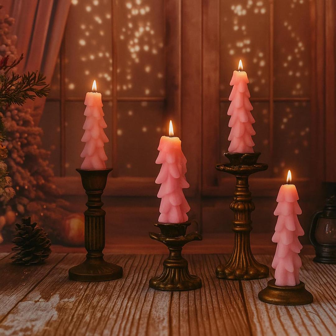 MTLEE 4 Pcs 5 Inch Christmas Tree Shaped Taper Candles Pink Xmas Holiday Candle Unscented Candlesticks for Christmas Party Room House Kitchen Decor Wedding Decorations Gift