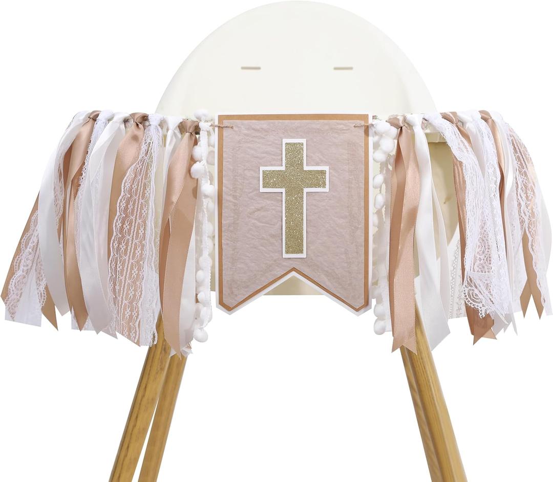 God Bless Cross High Chair Banner,Baptism Party Decorations,First Holy Communion Ribbon Banner,Boys Girls Baptism Party Highchair Banner,Garland Photo Props