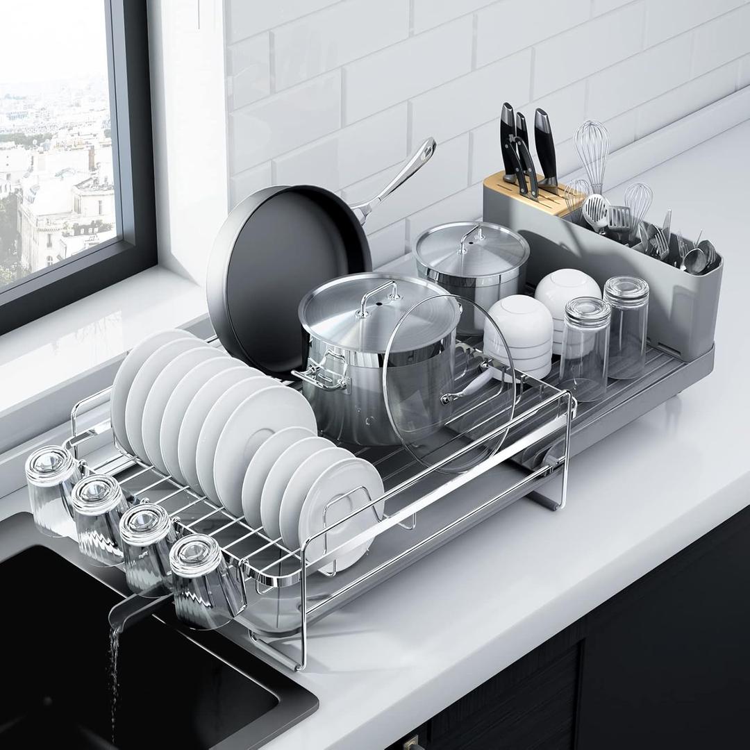 Kitsure Large Dish Drying Rack - Extendable Dish Rack, Multifunctional Dish Rack for Kitchen Counter, Anti-Rust Dish Drainers with Cutlery & Cup Holders 19.2"-26.7" L x 12.9" W, Sliver