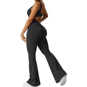 YEOREO Women Workout Scrunch Flare Jumpsuits Sexy Backless Butt Lift Gym Yoga Jumpsuits (Large, Black)