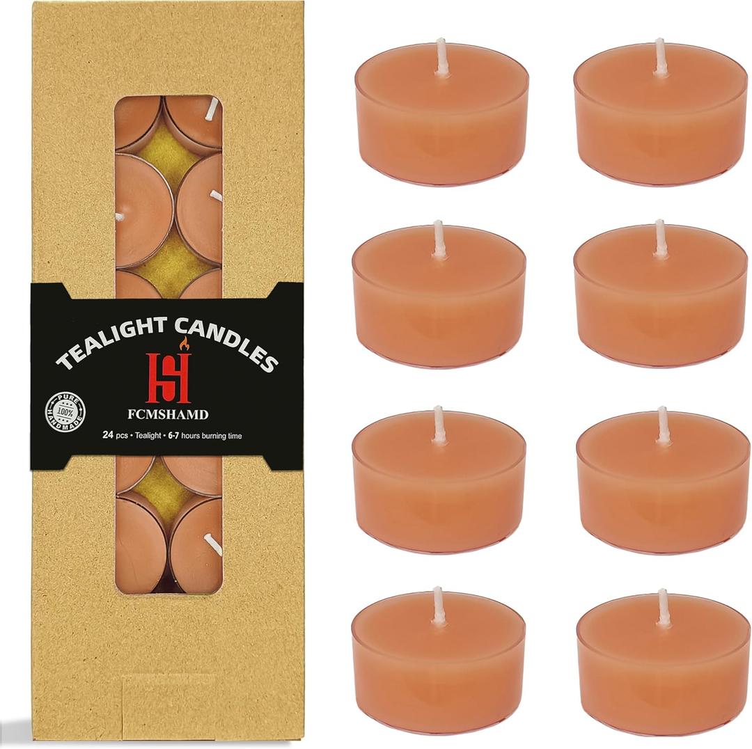Tea Candles Handmade Pumpkin Clear Cup Scented Smokeless 24 Pack Tea Lights Candle Long Burn Tealight Candle for Thanksgiving Day Home Decoration Gift(Orange) (Round)