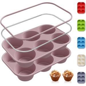 2 Pack 6 Cups Jumbo Muffin Pan with Metal Reinforced Frame Silicone Molds Egg Bites Silicone Circle Cookie Molds Extra Large Muffin Tin Jumbo Tart Pans Baking Sheet Set for Sandwiches (Morandi Pink)