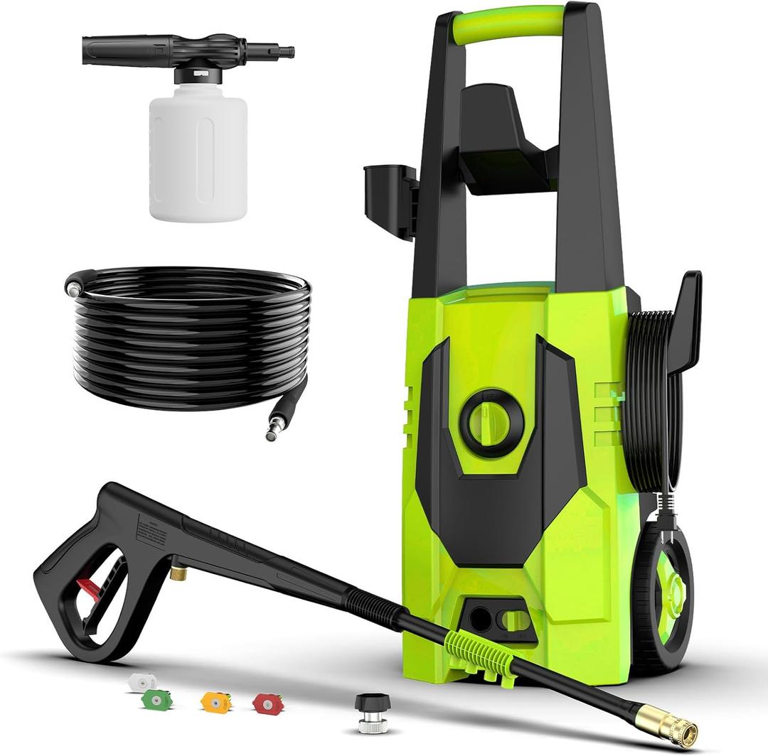 FIOCCO Electric Pressure Washer, 5000PSI Max 3.4 GPM Portable Power Washer with 35FT Cord, 20FT Hose, 4 Quick Nozzles, Foam Cannon High Power Washers Electric Powered for Car, Garden, Patio, Green