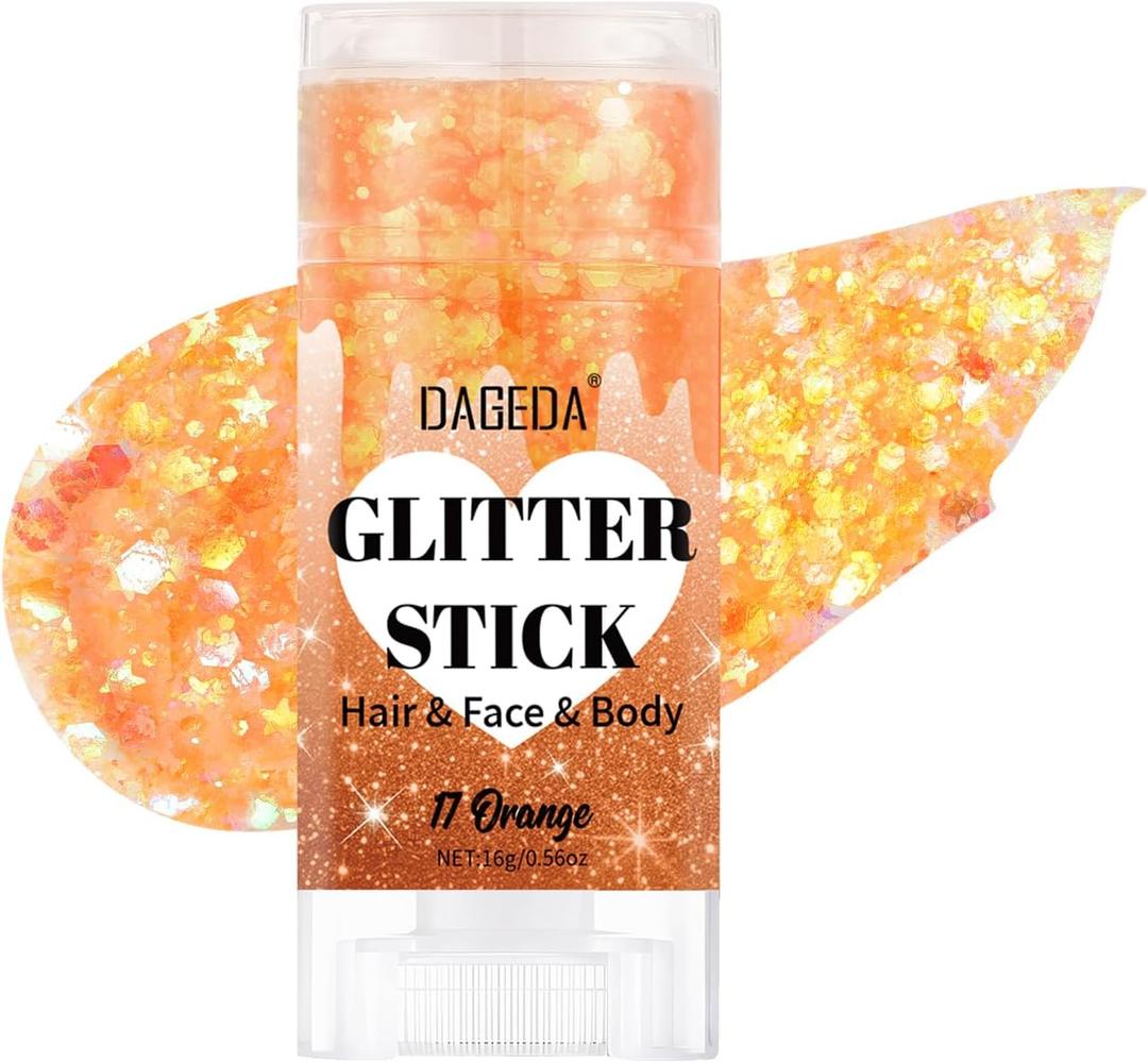 DAGEDA Orange Body Glitter Stick,Sparkly Face Glitter Makeup,Holographic Hair Glitters Mermaid Makeup Rave Outfits for Women, Shimmer Face Paint Stick Singer Concert Accessories