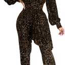 DinyIn Women's Sparkly Jumpsuits Clubwear One Piece Deep V Neck Long Sleeve Pants Rompers with Belt, XXL
