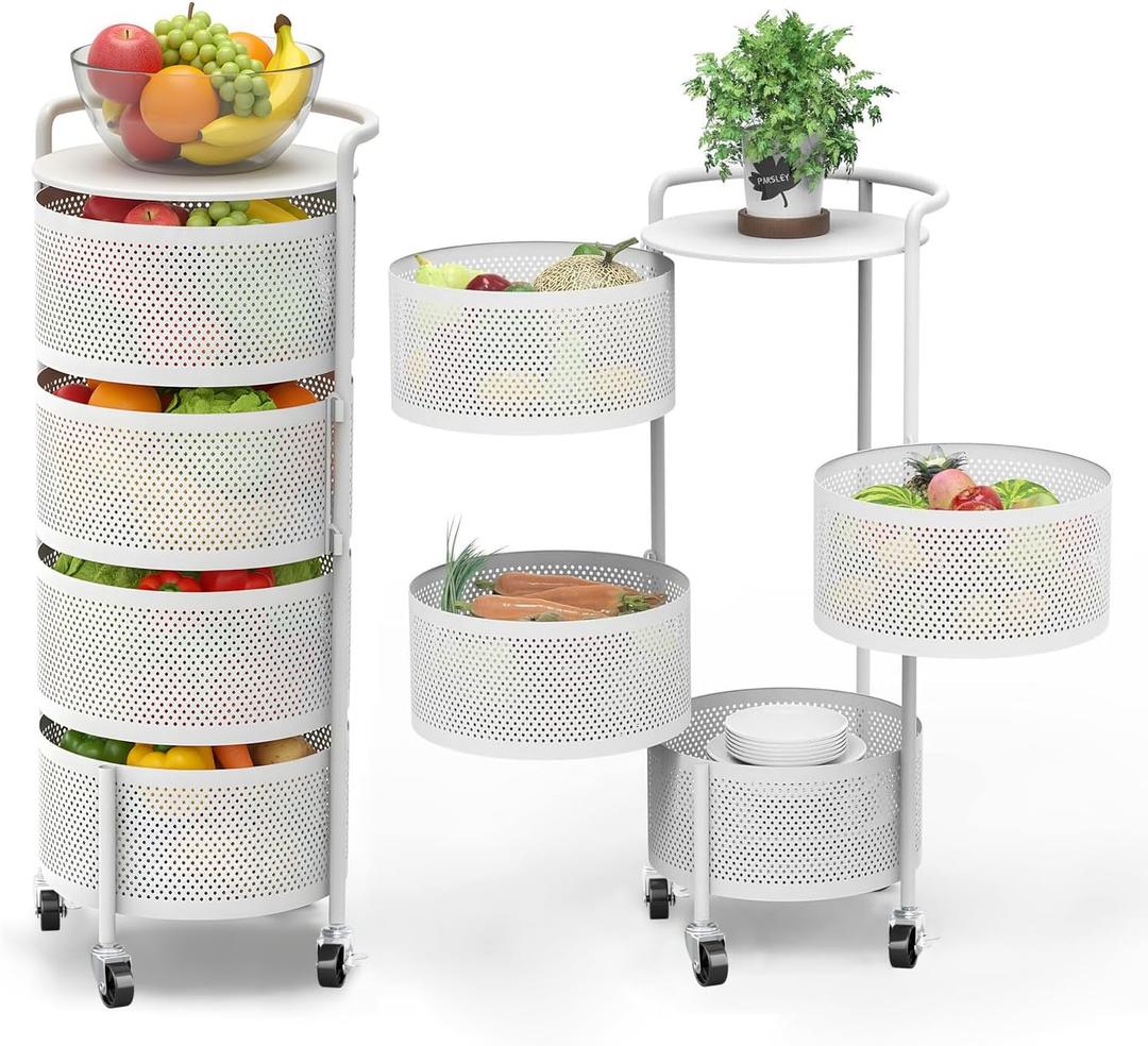 JAQ No Assembly Integrated Rotating Storage Cart, 4-Tier Rolling Storage Cart with Wheels, Solid Carbon Steel Onion Potato Storage, Kitchen Storage Cart, Vegetable Storage Cart, White, 13.19 x 29.52 x 13.5 inches