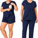 Rnxrbb 3 PCS Nursing Pajamas Set Postpartum Pjs Breastfeeding Sleepwear for Women Double Layer with Pockets L