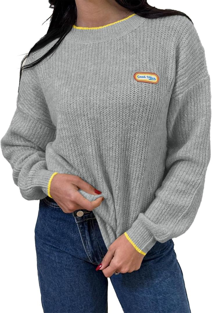 Saodimallsu Womens Sweaters Crew Neck Long Sleeve Knit Contrast Piping Stripe Lightweight Casual Fall Pullover Tops 2025 (Medium, Grey)