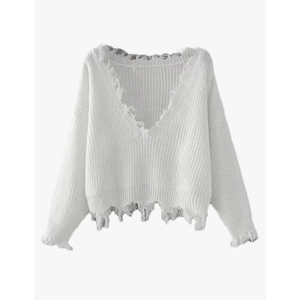 Women Y2k Tassel Hem Irregular Sweater Oversized Fringed V Neck Loose Knitted Pullover
, XL