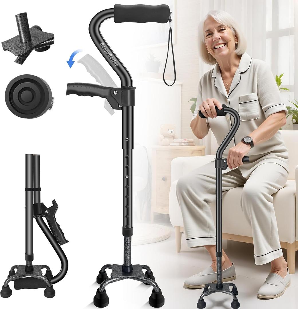 Quad Cane, 4 Prong Walking Cane for Men & Women, Heavy Duty| Adjustable Walking Canes for Seniors Balance, Self Standing Cane with Ergonomic Handle(330lb)