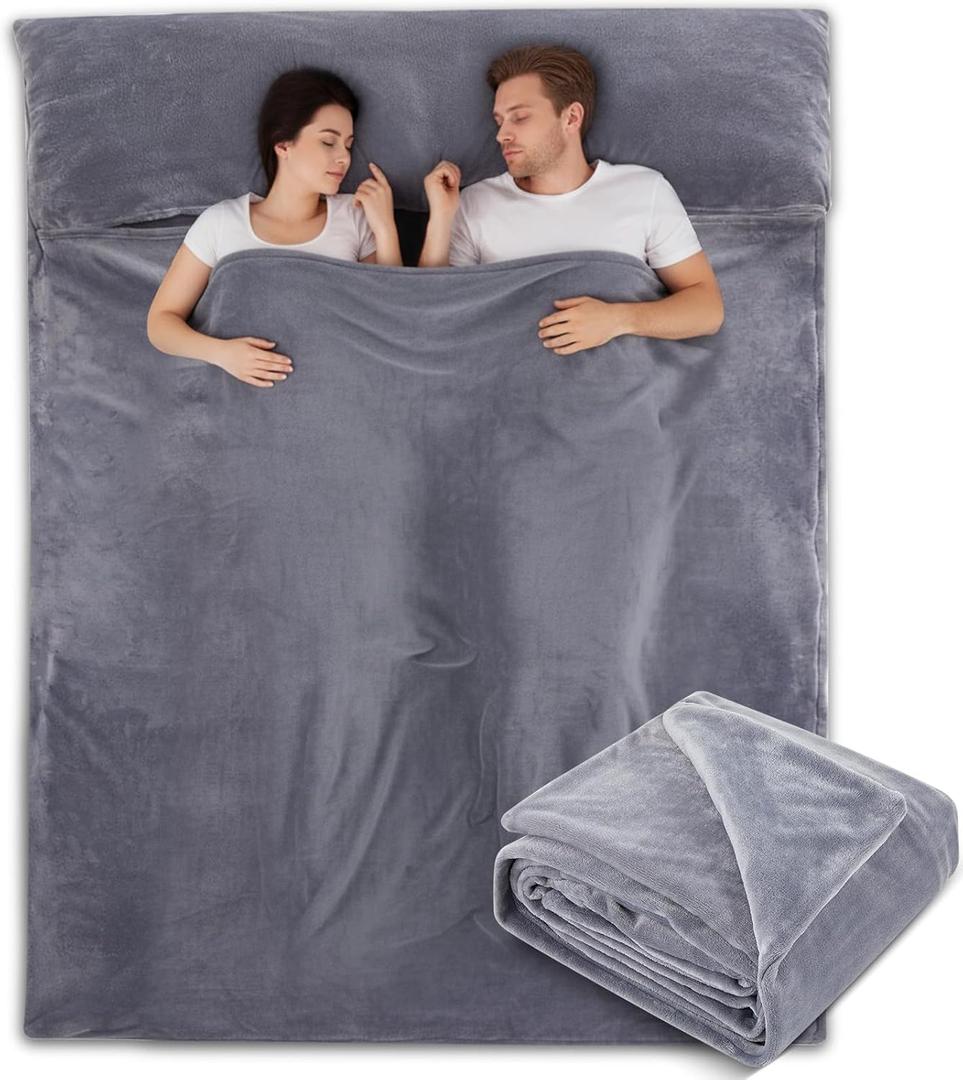 Flannel Sleeping Bag Liner for Adult, Travel Camping in Warm Cold Weather, Soft Fluffy Travel & Hotel Sleeping Bag Liner with Zipper for Hiking Camping Indoor Outdoor Use (87 x 69", Gray)