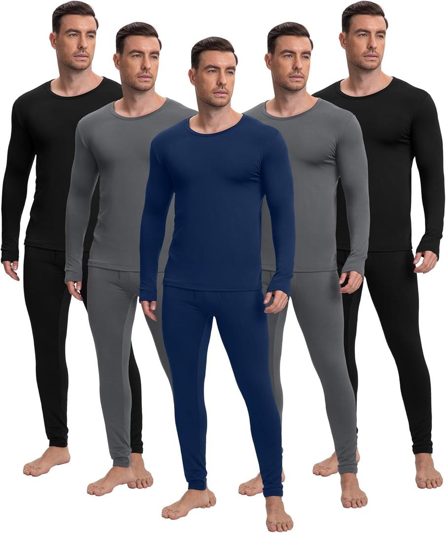Patelai 5 Sets Men's Thermal Underwear Fleece Base Layer Set Winter Base Layer Cold Weather Top Bottom (XX-Large, Black, Grey, Dark Blue)