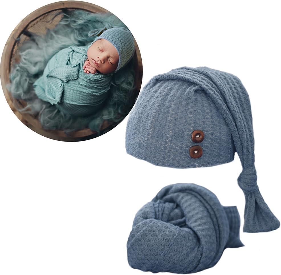 Newborn Photography Wrap Boy Girl Baby Photo Wraps Outfits Stretch Crochet Blanket Props (Blue)