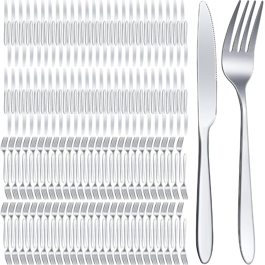 Nuenen 300 Pcs Forks and Knives Stainless Steel Silverware Set Include 150 Dinner Forks and 150 Knives Flatware tableware Cutlery Set for Home Restaurant, Mirror Polished, Dishwasher Safe