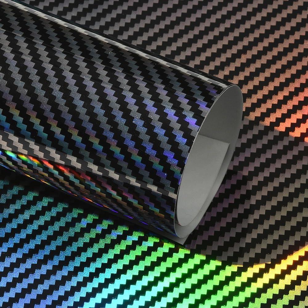 Rainbow Laser Carbon Fiber Vinyl Wrap, High Gloss Sparking Color Change Vehicle Film Sheet Air Release Self Adhesive DIY Decal Auto Cars Motorcycle Protection 60'' x 23.6'' (5ft x 1.9ft)