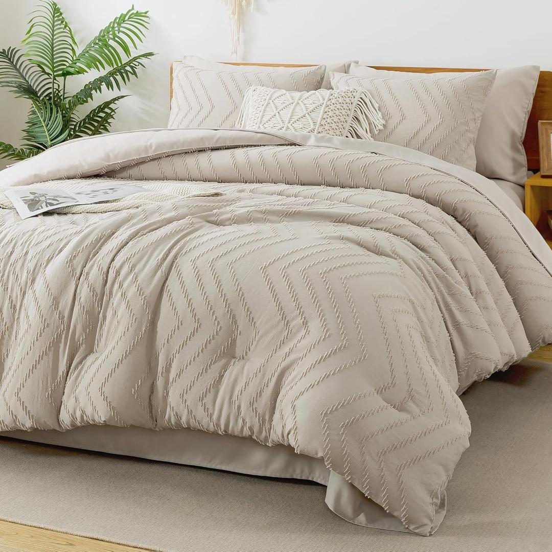 Litanika King Size Comforter Set with Sheets Beige  7 Pieces Bed in a Bag King Chevron Tufted Boho Luxury Bedding Sets with Comforter, Sheets, Pillowcases & Shams