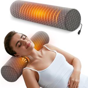USB Heated Neck Pillow, Cervical Pillow for Neck Pain Relief, 3 Heating Settings, 60 Min Auto Off, 18"x 4" Memory Foam Neck Roll Pillow, Washable Cover, Grey Plaid