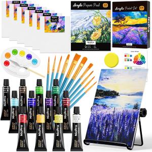 Nicpro Acrylic Paint Canvas Set for Adult & Kid, 34PCS Art Painting Supplies Kit,12 Colors Acrylic Paint,Table Easel,6 Canvas Panels,10 Brushes,Paper Pad,Sponge,Color Wheel,Palette for Artist Beginner