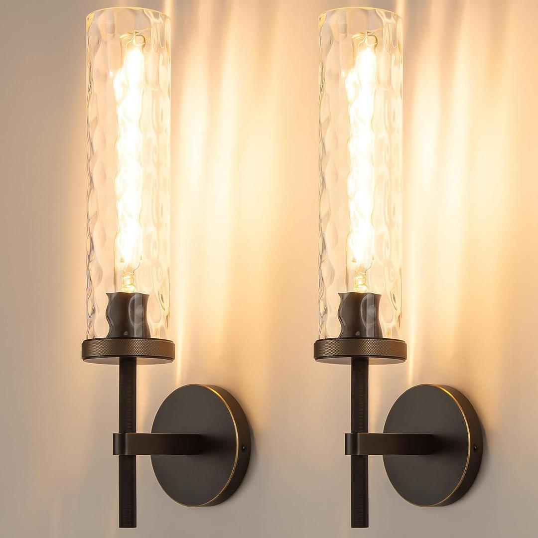 19.5" Knurled Brass Wall Sconces Set of 2, Black Gold Bathroom Vanity Light Fixtures with Water Ripples Glass Tube, Modern Lamp Lighting for Bedroom, Living Room, Hallway, Staircase, Mirror, Kitchen