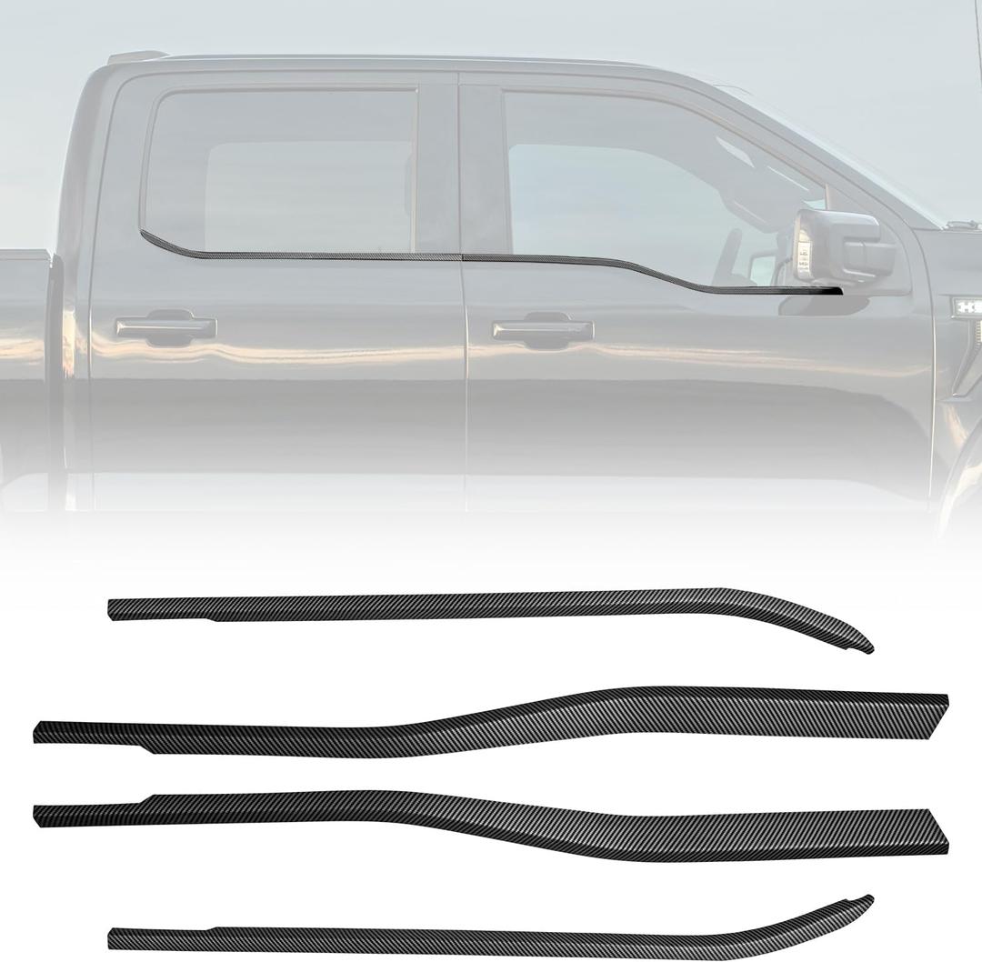 Outer Door Window Molding Trims fit for Ford F150 Supercrew 2021-2025,Door Window Bottom Sill Weatherstrip Covers,Seal Belt Weather Stripping Decor,3MM Adhesiver,4PCS Matte Carbon Fiber Look