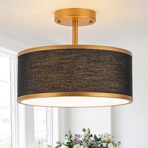 Bargeni Semi Flush Mount Ceiling Light,12.5 inch Ceiling Light Fixture,Gold Flush Mount Light Fixture with Black Fabric Drum Shade,Light Fixtures Ceiling Mount for Bedroom,Living Room,Hallway
