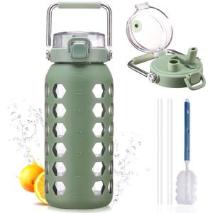 MUKOKO 64oz Glass Water Bottles with Straw and Lid,Half Gallon Water Bottle with Time Marker,Large Glass Water Jug with Silicone Sleeve and Stainless Steel Handle-Olive