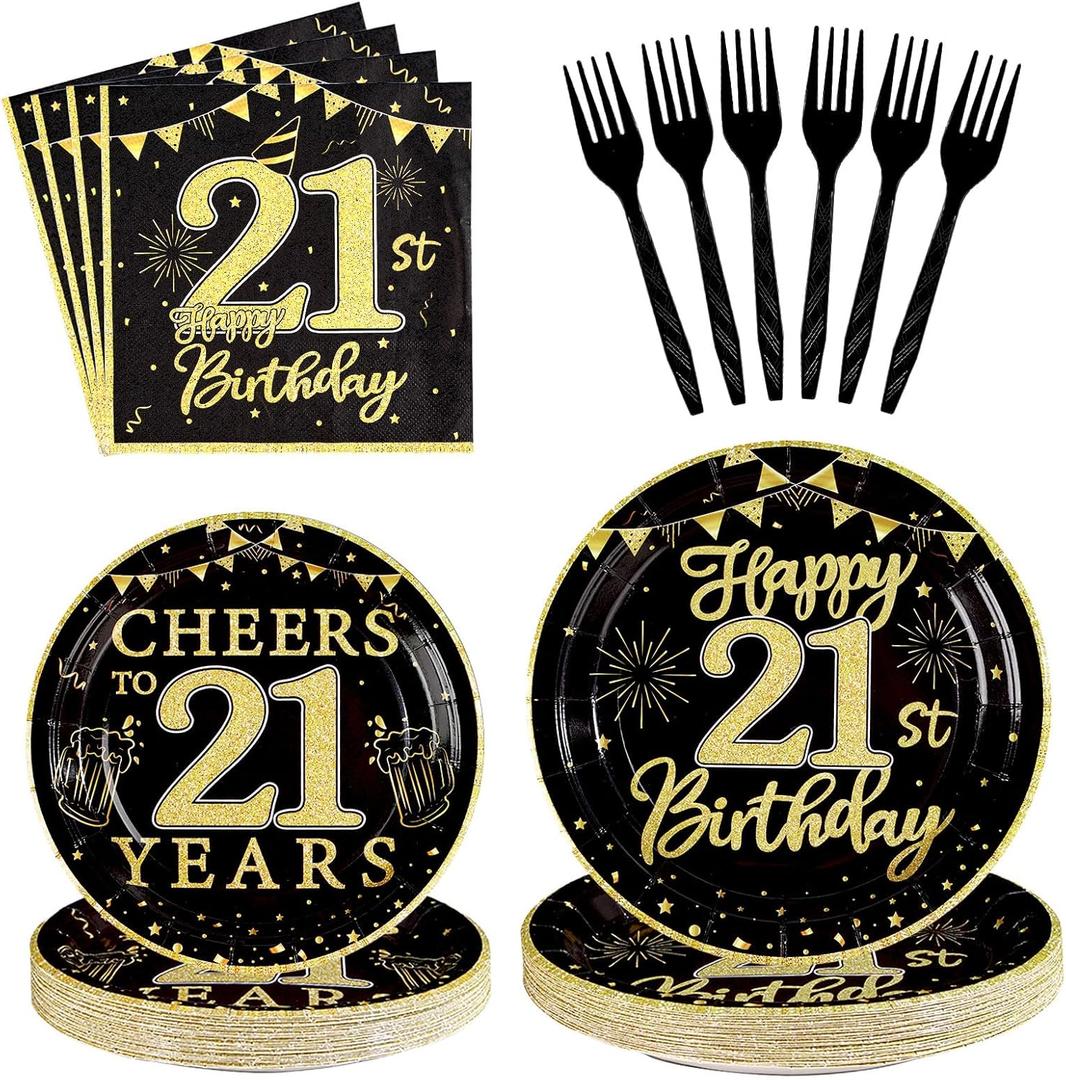 96 Pcs 21st Birthday Party Supplies 350 GSM Black and Gold Happy 21st Birthday Plates and Napkins Disposable Cheers to 21 Years Paper Tableware Set 21st Birthday Decorations for Him Men Serves 24