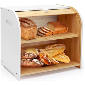 Bread Box for Kitchen Countertop, Double Layer Bamboo Bread Storage Container for Homemade Bread, Roll Top Bread Box with 3 Adjustable Height for Kitchen Counter, White Breadbox Organizer