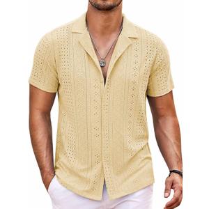 COOFANDY Mens Beach Shirt Short Sleeve Button Down Shirts Casual Cuban Collared Summer Vacation Tropical Shirts (4X-Large, Light Yellow)