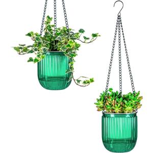 Josteve 4.5 Inch 2 Pcs Self Watering Hanging Planter Indoor Plant Pots Drainage Holes, Outdoor Small Hanging Planters Flower Pot Basket, Visible Water Level, Plant Hanger Home Decor, Gardening (Emerald)