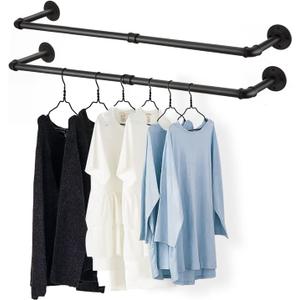 36 Wall Mounted Clothes Rack, Industrial Pipe Black Iron Garment Bar, Heavy-Duty Detachable Clothing Rod, Multi-Purpose Metal Wall display Hanging Pole for Closet Storage (Set of 2)