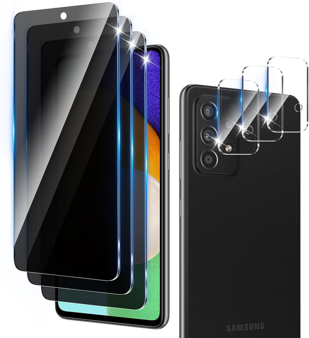 3+3 Pack Privacy Screen Protector Designed for Samsung Galaxy A52/A52S 5G With 3 Pack Camera Lens Protector,Full Coverage Anti-Spy Tempered Glass Film,9H Hardness,Bubble Free,Easy to Install