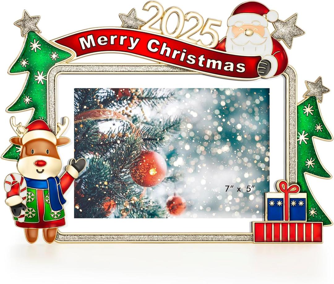 Christmas 5x7 Picture Frame Christmas Metal Display Photo Frames with Rhinestone High Definition Glass Front Gift Ideas Tabletop Home Decorative (2025 Snowman Reindeer, Golden)