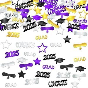 KatchOn, Congrats Grad Confetti 2025 - Pack of 1000 | Purple and Gold Graduation Decorations 2025 | Graduation Table Decorations 2025 | Black, Silver, Purple and Gold Confetti for Table Decor Set of 4