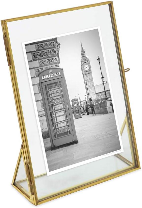 Isaac Jacobs 5x7, Antique Gold, Vintage Style Brass and Glass, Floating Photo Frame, Metal, (Vertical), with Locket Closure and Angled Base, for Pictures, Art, Mementos, Keepsakes (5x7, Antique Gold)
