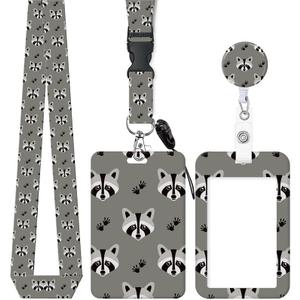 ID Badge Holder with Retractable and Detachable Lanyard, Cute Badge Reel Breakaway Lanyard with Carabiner Clip for Women, Teachers, Nurses, Students, Perfect Work and Office(Funny Raccoon)