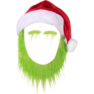 Q1nopo 3PCS Monster Cosplay with Furry Beard for Adults, Kids' Santa Hat with Beard, Monster Hat with Eyebrows for Christmas Party, Furry Green Costume