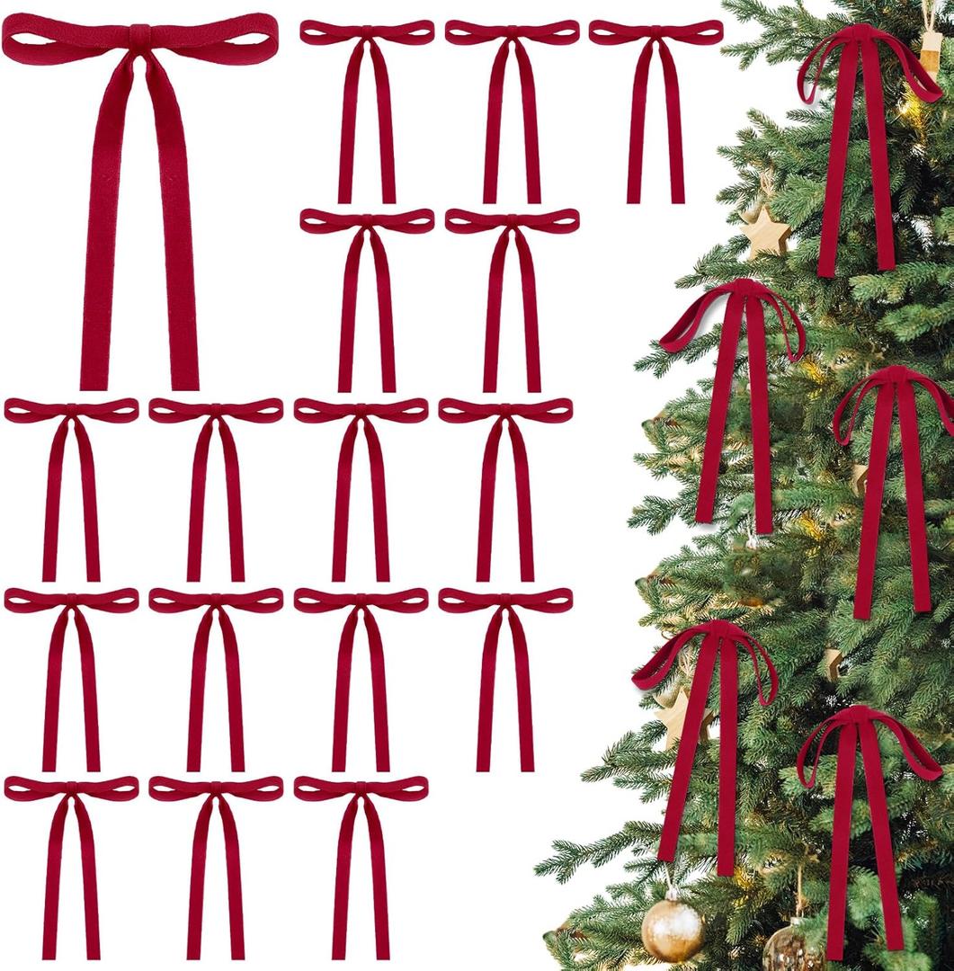 Glitinsel 24 Pcs Velvet Bows Christmas Tree Ornaments Vintage Double Faced Velvet Ribbon Bows for Tree Garland Wreath Indoor Outdoor Xmas(5 x 7 Inch, Width of 5/8",Burgundy)