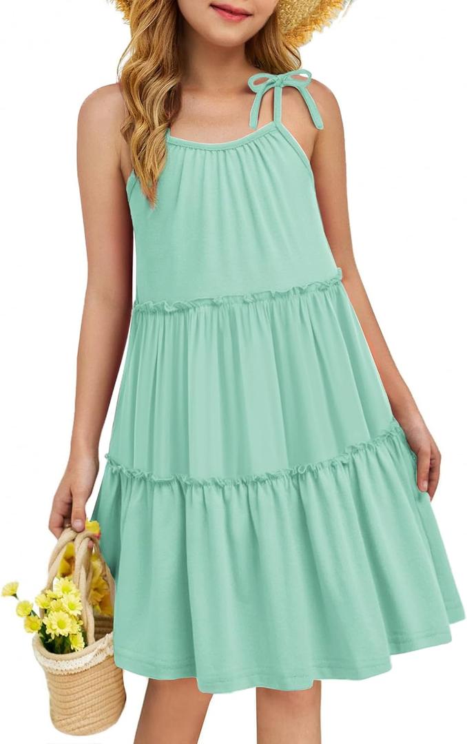 Arshiner Girl Summer Dresses Tween Boho Spaghetti Strap A-Line Swing Flowy Ruffle Tiered Sundress with Pockets (8-9 Years)