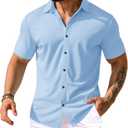 URRU Men's Muscle Dress Shirts Short Sleeve Stretch Casual Button Down Shirts Wrinkle Free Slim Fit Dress Shirt for Men (Medium, Light Blue)