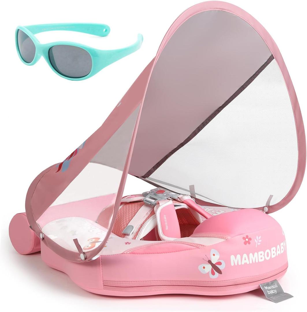 Mambobaby Float with Canopy and Tail New Upgraded Non-Inflatable Baby Pool Float Mambo Float Swim Trainer Solid Infant Swim Float Adjustable Pearl Foam Baby Swim Ring (Deluxe Flat Butterfly Pink)