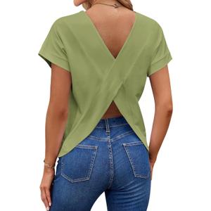 LilyCoco Women's Short Batwing Sleeve Shirt Criss Cross Back Tops Casual Loose Plain Tee Green Large