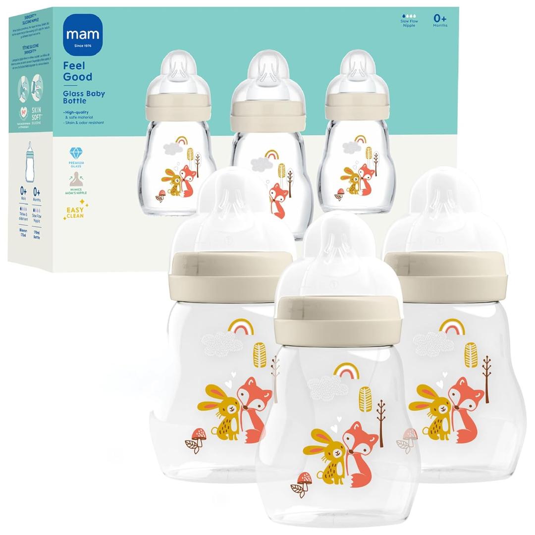 MAM 6oz Premium Glass Wide Neck Baby Bottle with Slow Flow Breastfeeding-Like Silicone Nipple, Easy to Clean,BPA Free, 0+ Months, Easy Switch Between Breast and Bottle, Made in Europe, 3 Pack Unisex