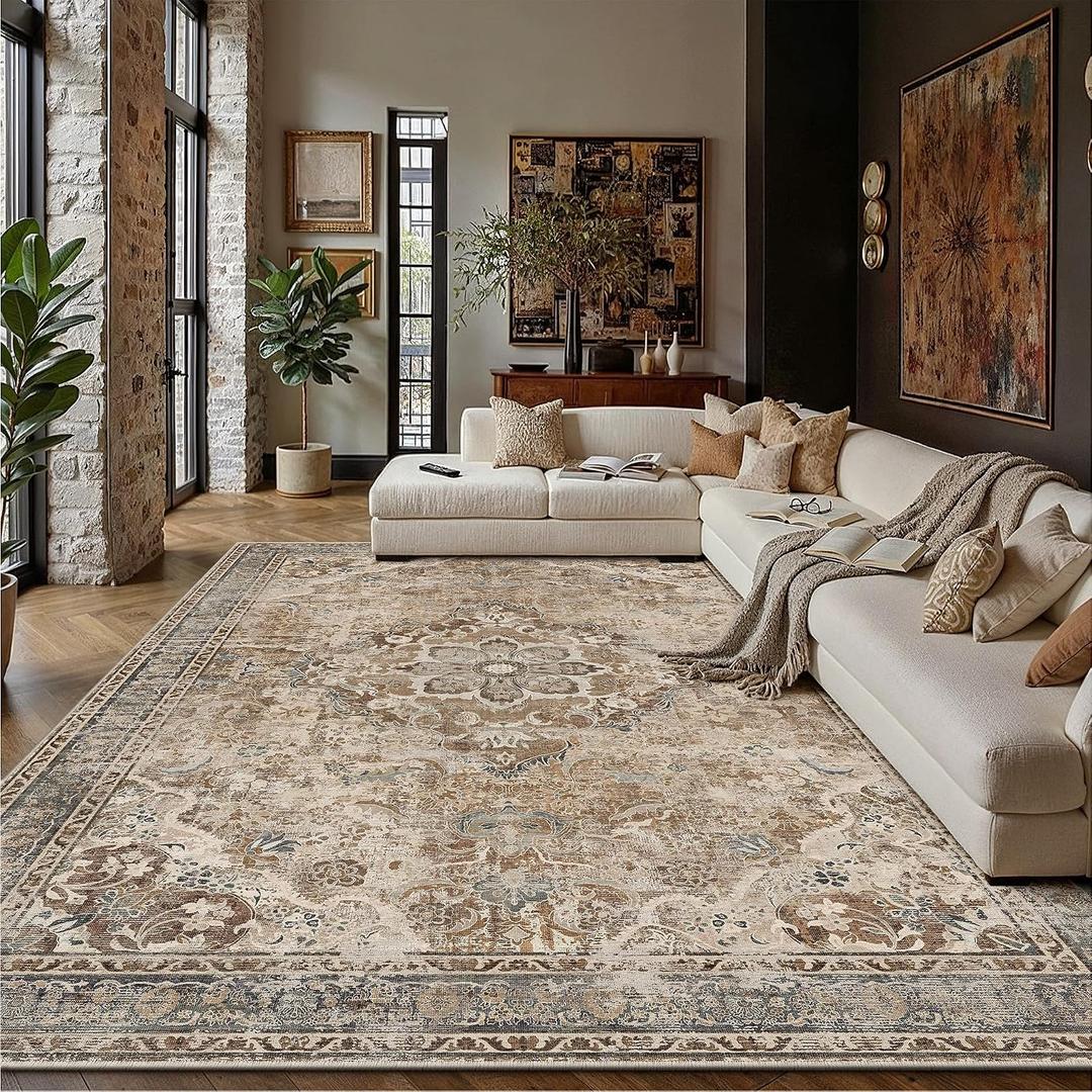 PureCozy Brown Area Rug 10x14 Living Room Vintage Floral Non-Slip Carpet