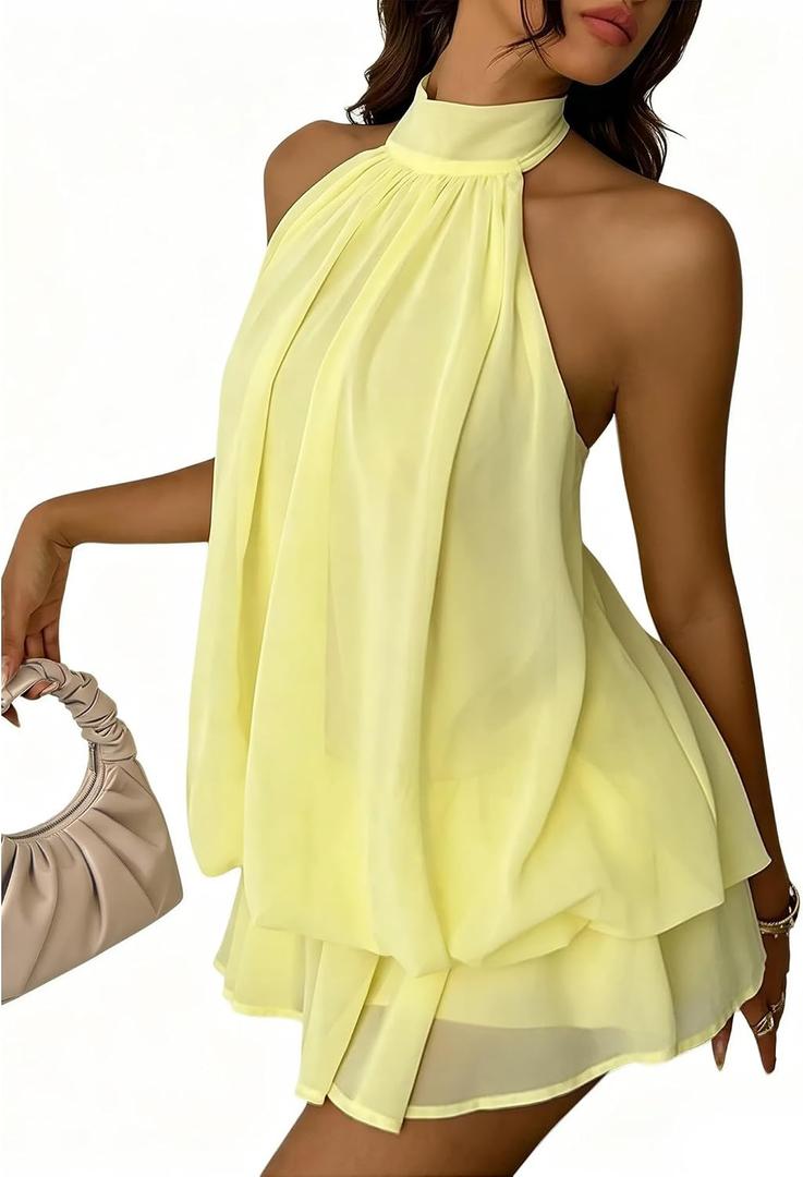 Halter Dress for Women Chiffon Drop Waist Wedding Guest Dresses Flowy Ruffle Mini Dress Brunch Going Out Dresses Cute Dresss (Yellow, M)