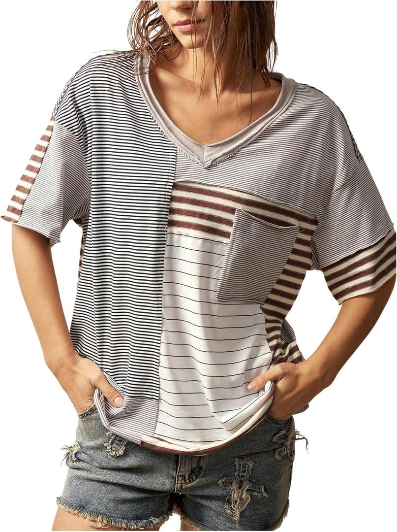 SOLY HUX Women's Striped Print T Shirts Vintage V Neck Short Sleeve Summer Tee Tops with Pocket (S)