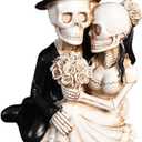 Skeleton Bride and Groom Figurine Wedding Cake Topper, Love Till Death Dancing Skull Couple Statue, Death Themed Skeleton Party Halloween Decoration (Kneeling embracing)