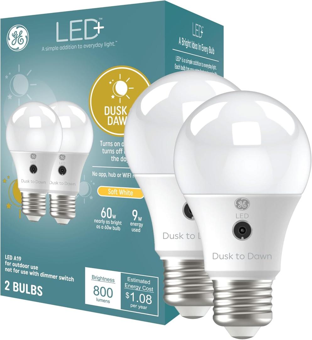 GE LED+ A19 Dusk to Dawn LED Light Bulb, Automatic On/Off Outdoor Security Light, Daylight (2 Pack)